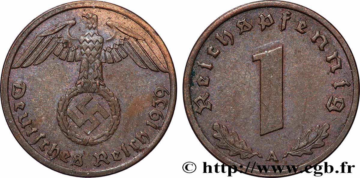 DEUTSCHLAND 1 Reichspfennig aigle et swastika 1939 Berlin fVZ