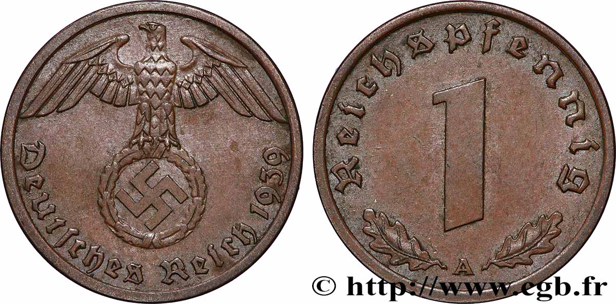 ALEMANIA 1 Reichspfennig aigle et swastika 1939 Berlin MBC+