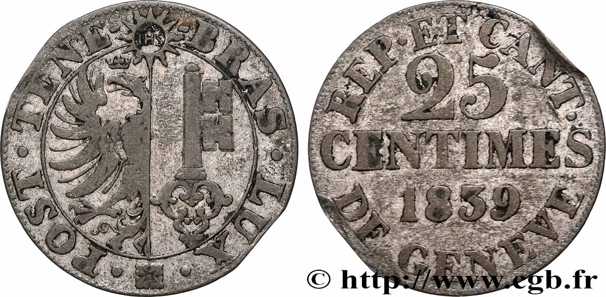 SUISSE - RÉPUBLIQUE DE GENÈVE 25 Centimes 1839 TB+