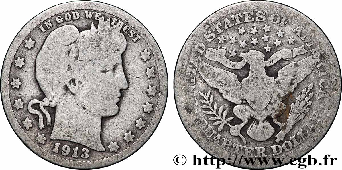 ÉTATS-UNIS D AMÉRIQUE 1/4 Dollar Barber 1913 Philadelphie TB