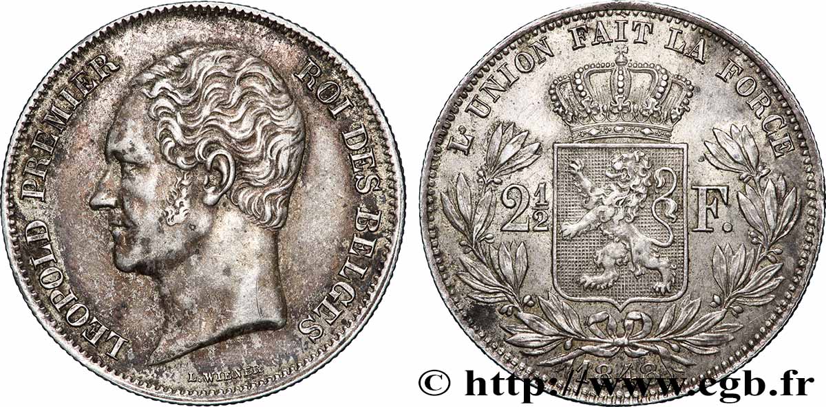 BELGIQUE - ROYAUME DE BELGIQUE - LÉOPOLD Ier 2 1/2 Francs, 2e type, petite tête nue 1848 Bruxelles fVZ