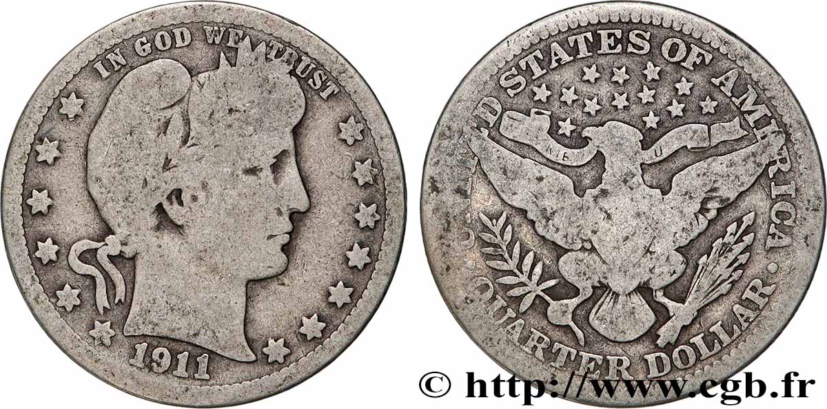 ÉTATS-UNIS D AMÉRIQUE 1/4 Dollar Barber 1911 Philadelphie TB