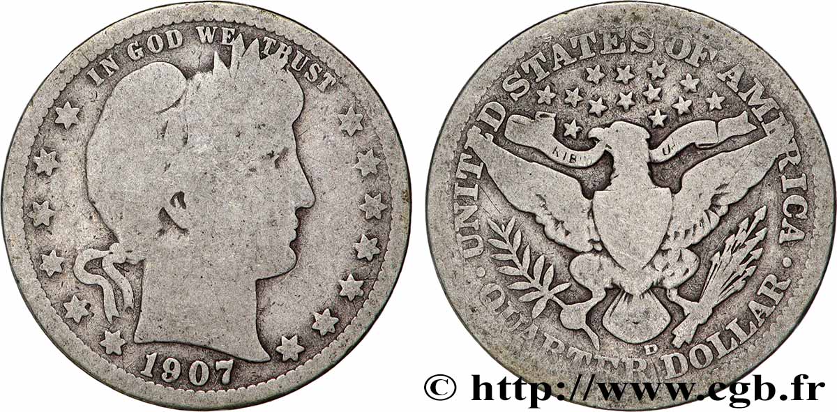 ÉTATS-UNIS D AMÉRIQUE 1/4 Dollar Barber 1907 Denver TB