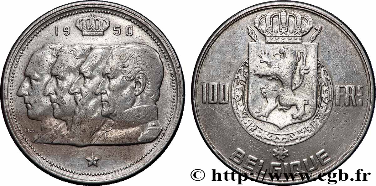 BELGIQUE 100 Francs portraits des quatre rois de Belgique, légende française 1950 Bruxelles TB+