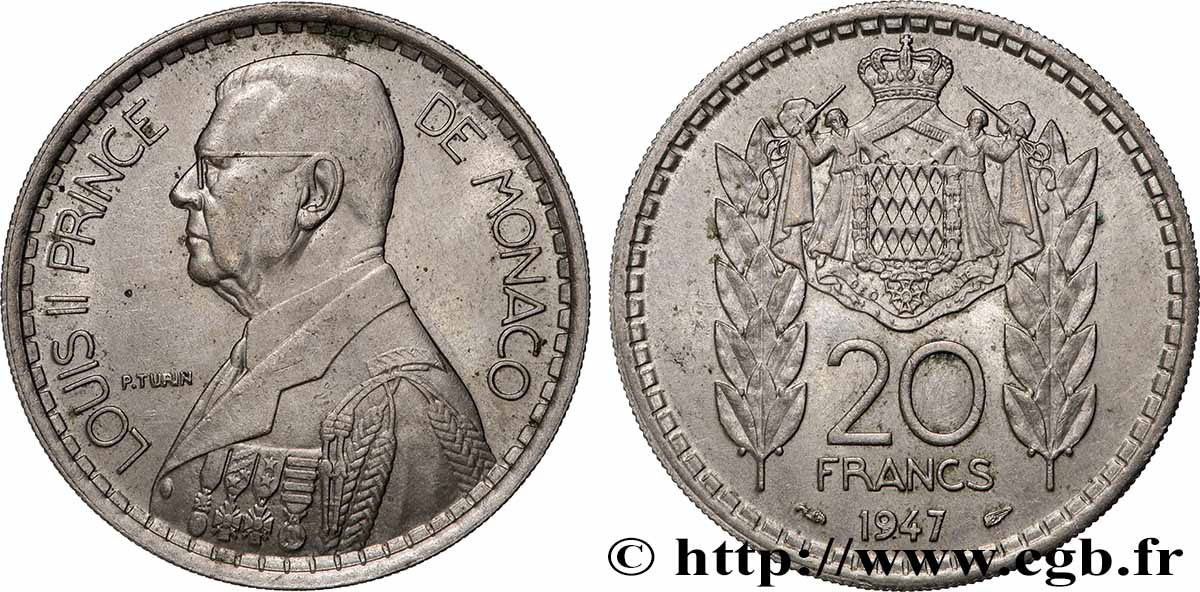 MONACO 20 Francs prince Louis II 1947 Paris TTB+