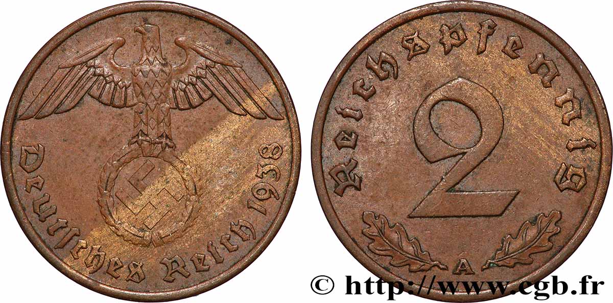 DEUTSCHLAND 2 Reichspfennig 1938 Berlin fVZ