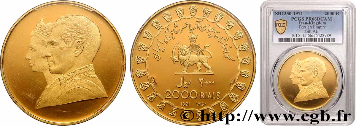 IRAN 2000 Rials Proof, 2500e anniversaire de l’Empire Perse en bronze doré 1971 Téhéran FDC66 PCGS