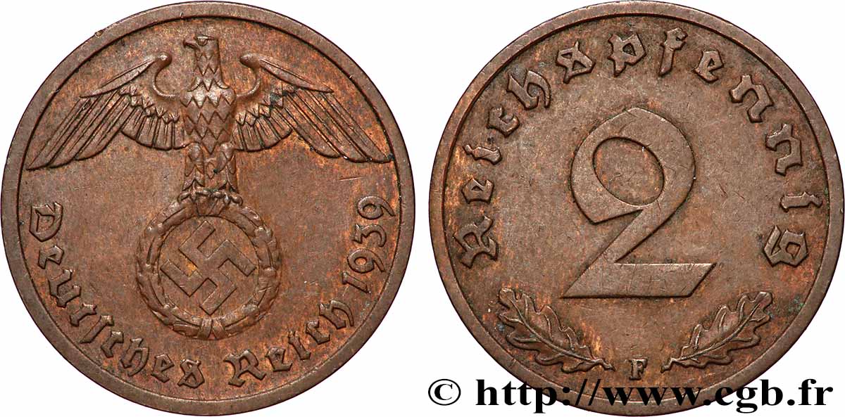 DEUTSCHLAND 2 Reichspfennig 1939 Stuttgart fVZ