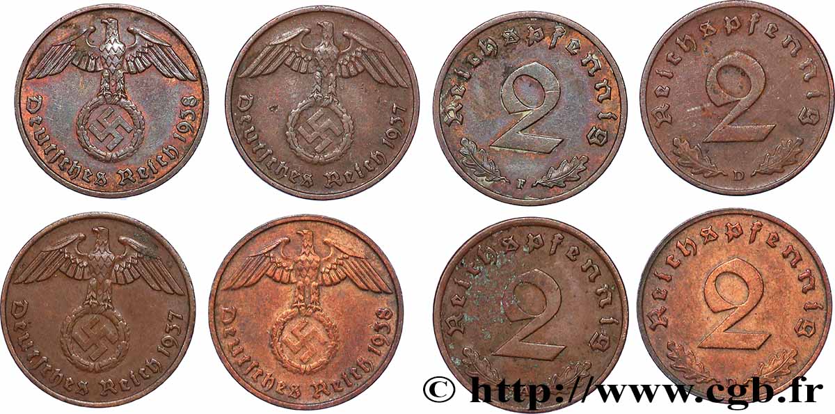 GERMANIA Lot 4 x 2 Reichspfennig Années diverses Atelier divers BB