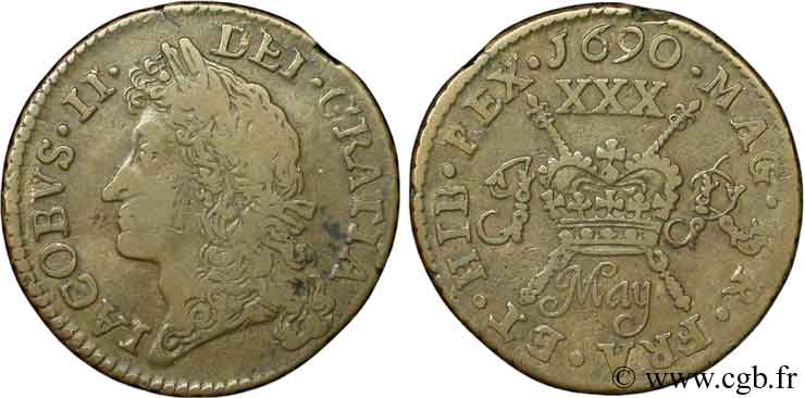 IRLANDE 1/2 Crown Jacques II (James Stuart) frappe de la Guerre Civile frappée sur petit flan pour le mois de Mai, variété à grosse tête 1690  TTB 