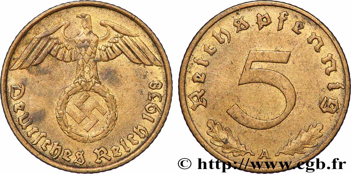 GERMANIA 5 Reichspfennig aigle surmontant une swastika 1938 Berlin BB