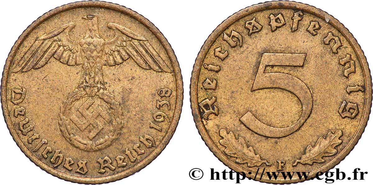 GERMANY 5 Reichspfennig 1938 Stuttgart - F XF
