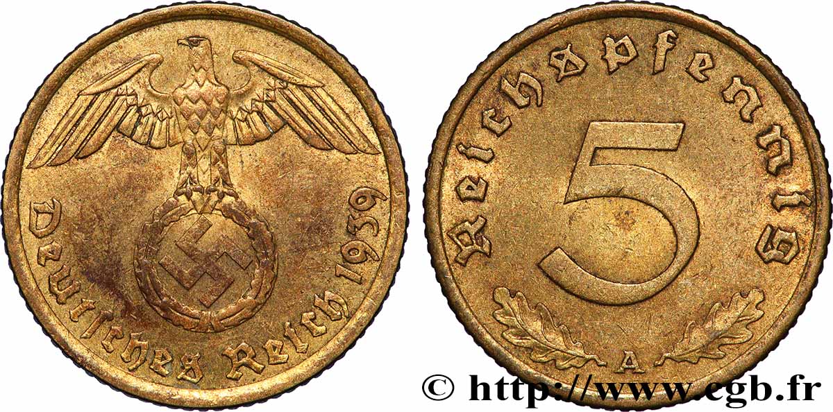 GERMANIA 5 Reichspfennig aigle surmontant une swastika 1939 Berlin q.SPL