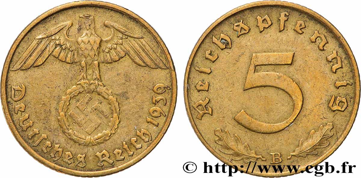 ALLEMAGNE 5 Reichspfennig aigle surmontant une swastika 1939 Vienne - B TTB
