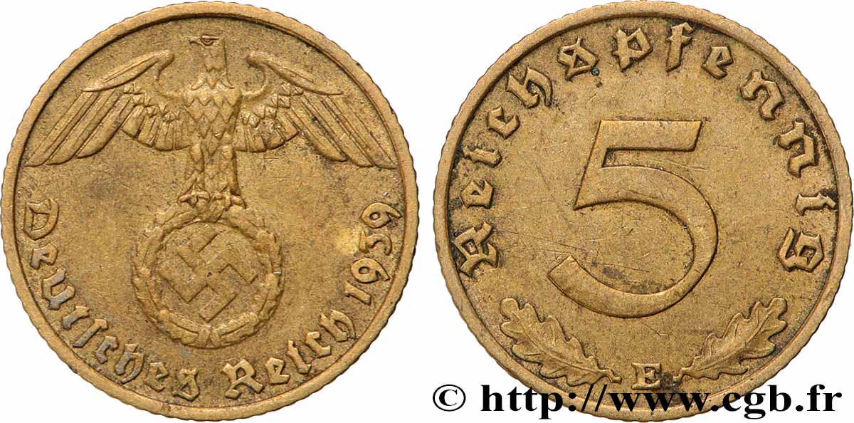 GERMANY 5 Reichspfennig aigle surmontant une swastika 1939 Muldenhütten - E AU