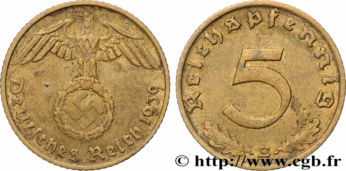 DEUTSCHLAND 5 Reichspfennig aigle surmontant une swastika 1939 Muldenhütten - E fVZ