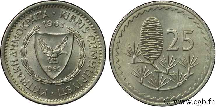 CHYPRE 25 Mils emblème / cèdre du Liban 1960  SPL 