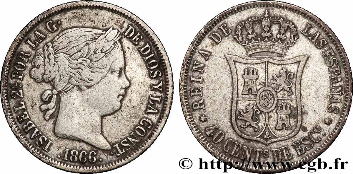 SPAIN 40 Centimos Isabelle II 1866 Madrid XF