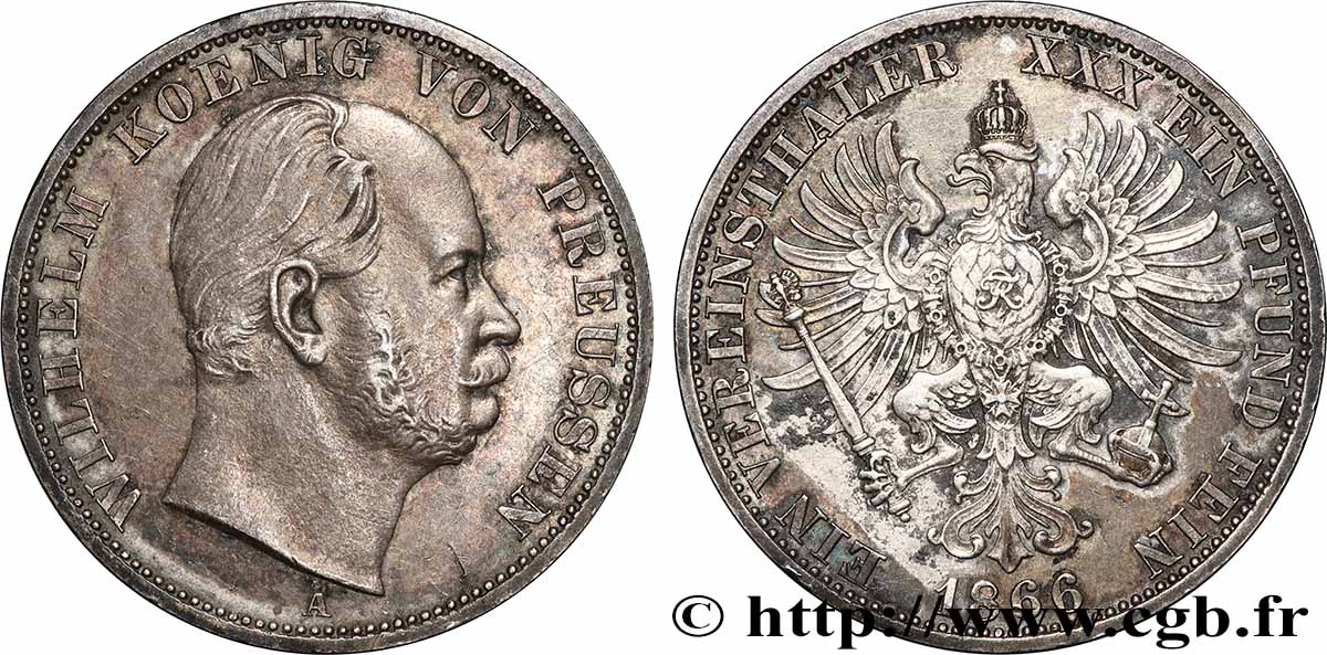 GERMANIA - PRUSSIA 1 Thaler Guillaume Ier tête nue 1866 Berlin q.SPL