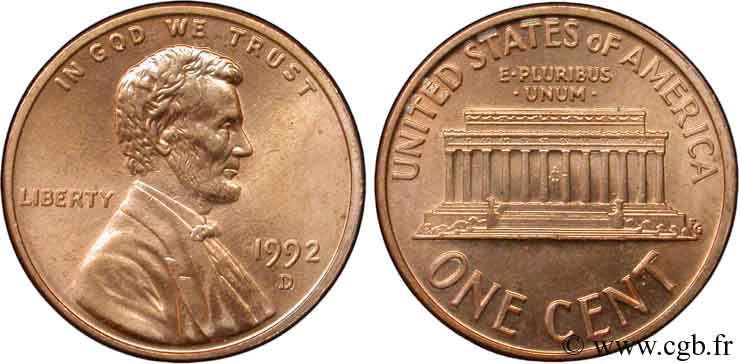 ÉTATS-UNIS D AMÉRIQUE 1 Cent Lincoln / mémorial 1992 Denver SPL 