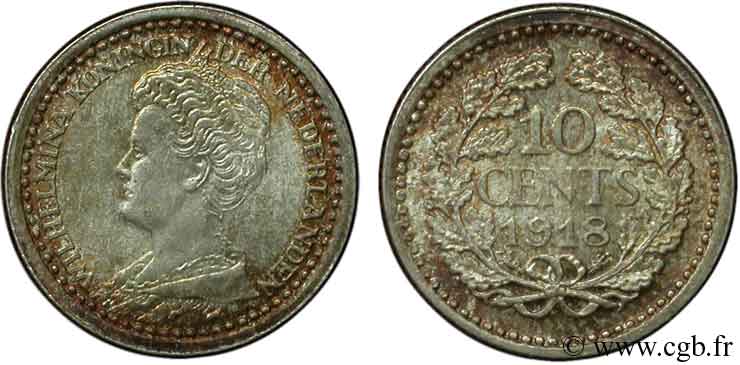 PAYS-BAS 10 Cents Reine Wilhelmine 1918 SPL