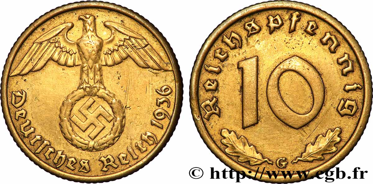 GERMANIA 10 Reichspfennig aigle surmontant une swastika 1936 Karlsruhe BB