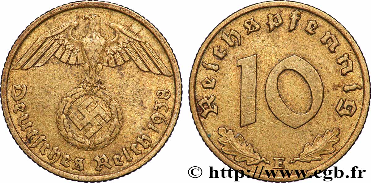 ALLEMAGNE 10 Reichspfennig aigle surmontant une swastika 1938 Muldenhütten - E TTB