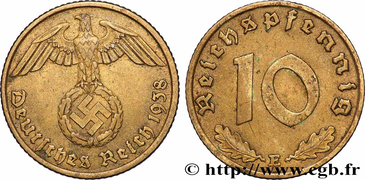 DEUTSCHLAND 10 Reichspfennig aigle surmontant une swastika 1938 Muldenhütten - E SS