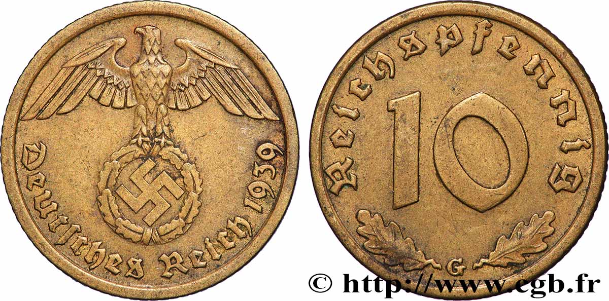 ALLEMAGNE 10 Reichspfennig aigle surmontant une swastika 1939 Karlsruhe - G TTB