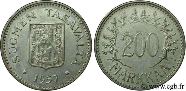 FINLANDE 200 Markkaa emblème au lion / valeur faciale entourée de sapins 1957  SUP 