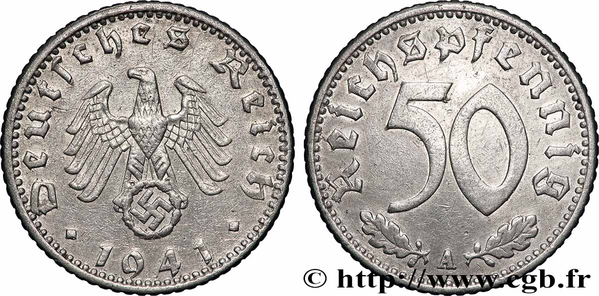 ALLEMAGNE 50 Reichspfennig aigle héraldique sur swastika 1941 Berlin TTB