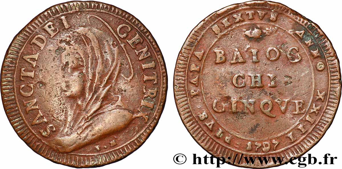 ITALIE - ÉTATS DU PAPE - PIE VI (Jean-Ange Braschi) 5 Baiocchi an XXIII 1797 Rome TB+/TTB