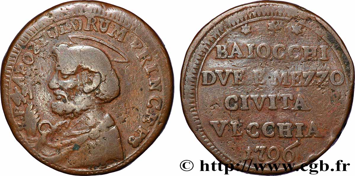 ITALIE - ÉTATS DU PAPE - PIE VI (Jean-Ange Braschi) 2 1/2 Baiocchi Civitavecchia St Pierre 1796 Civitavecchia TB