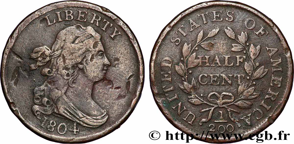 ÉTATS-UNIS D AMÉRIQUE 1/2 Cent “Draped Bust” 1804 Philadelphie B+