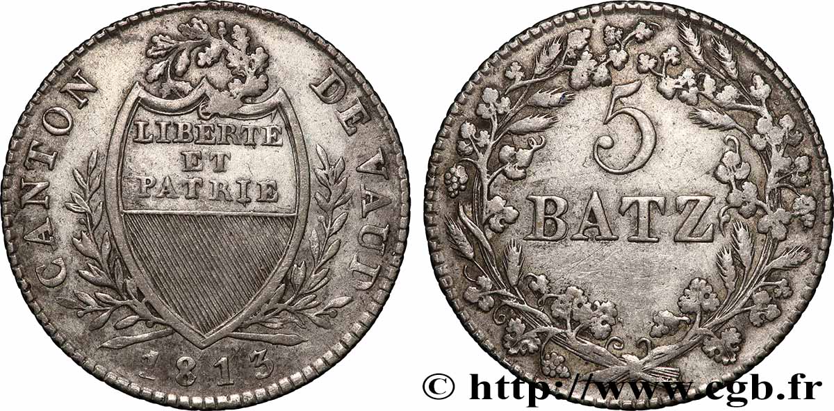 SUISSE - CANTON DE VAUD 5 Batzen 1813 TTB+