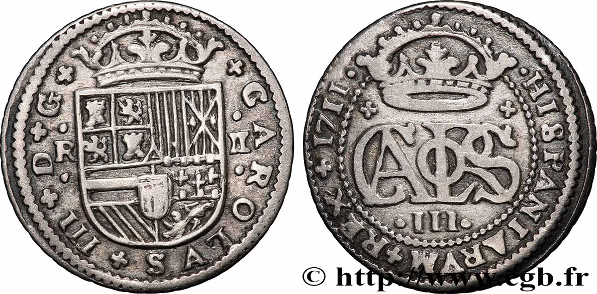 ESPAGNE 2 Reales Charles III 1711 Barcelone TTB+