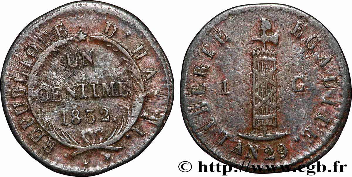 HAÏTI 1 Centime faisceau, an 29 1832 TTB