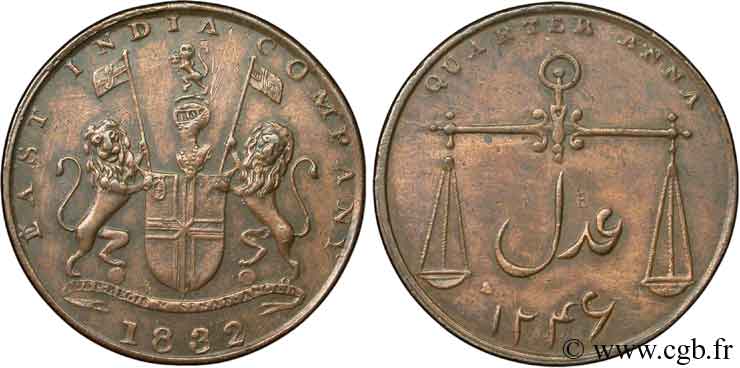 INDES BRITANNIQUES 1/4 Anna Bombay East India Company 1832 Bombay SPL 