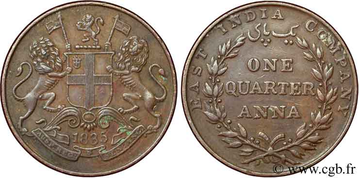 INDES BRITANNIQUES 1/4 Anna East India Company 1835  SUP 