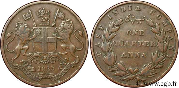 INDES BRITANNIQUES 1/4 Anna East India Company 1835 Bombay TB+ 