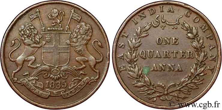 INDES BRITANNIQUES 1/4 Anna East India Company 1835 Bombay TTB+ 
