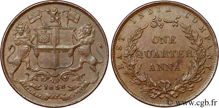 INDES BRITANNIQUES 1/4 Anna East India Company 1858 Bombay SUP 
