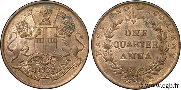 INDES BRITANNIQUES 1/4 Anna East India Company 1835 Bombay SPL 