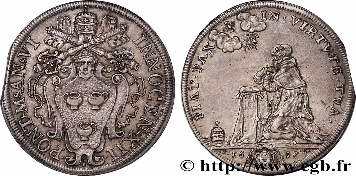 ITALY - PAPAL STATES - INNOCENT XII (Antonio Pignatelli) 1/2 Piastre ou 1/2 Scudo an VI 1697 Rome AU