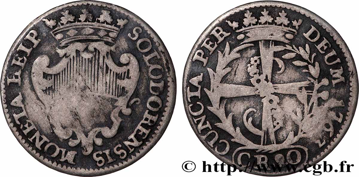 SWITZERLAND - SWISS CONFEDERATION - CANTON OF SOLOTHURN 20 Kreuzer 1763 VF