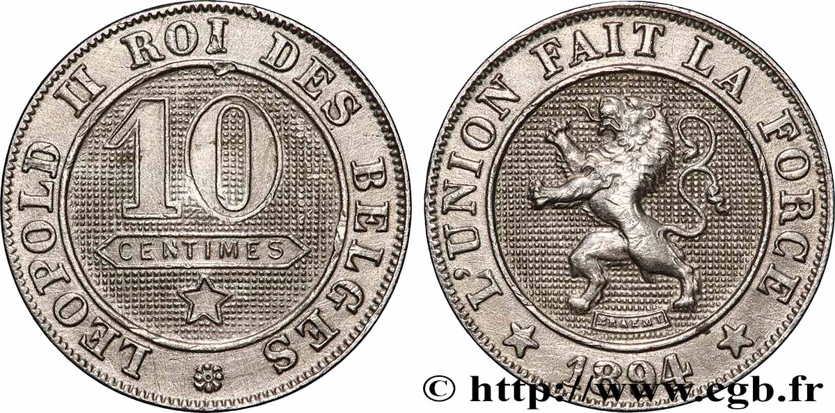 BELGIQUE 10 Centimes lion légende française 1894 Bruxelles TTB+