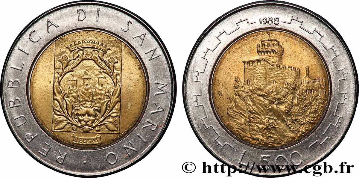 SAN MARINO 500 Lire Fortifications 1988 Rome AU