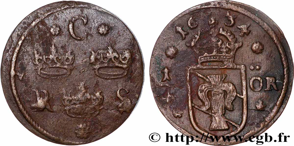 SUÈDE - ROYAUME DE SUÈDE - CHRISTINE DE SUÈDE 1/4 Ore 1634 Nyköping ou Säter TB+