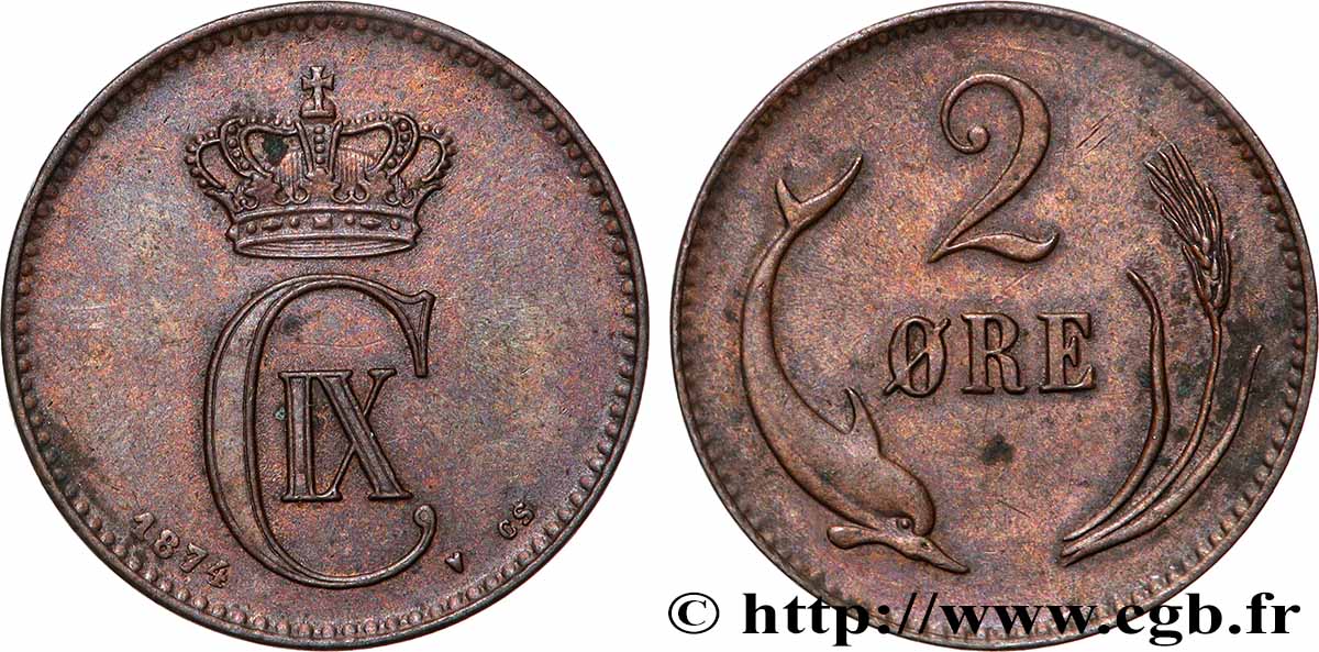 DANEMARK 2 Ore Christian IX 1874 Copenhague TTB+