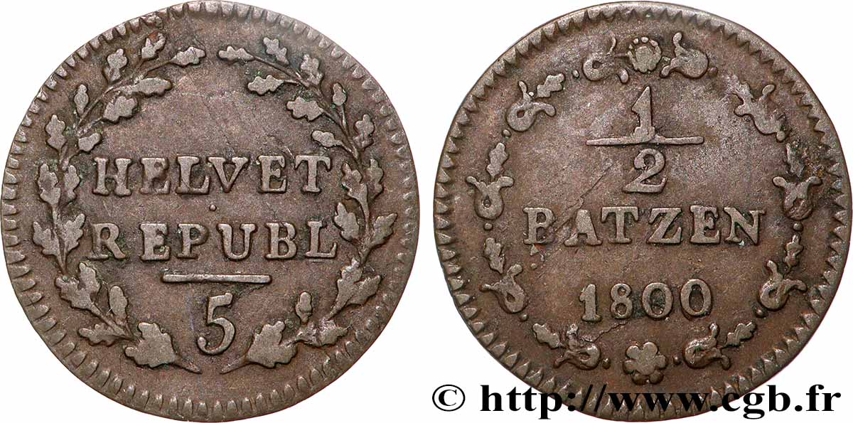 SUIZA - REPÚBLICA HELVÉTICA 1/2 Batzen (5 Rappen) République Helvétique 1800 Berne - B MBC